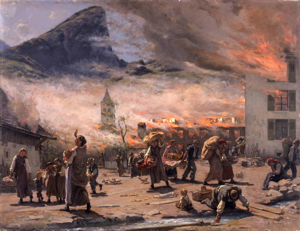 Peinture représentant l'incendie d'Albeuve